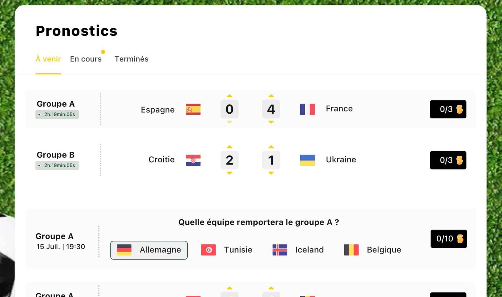 page du jeux ccup.io page de pronostics