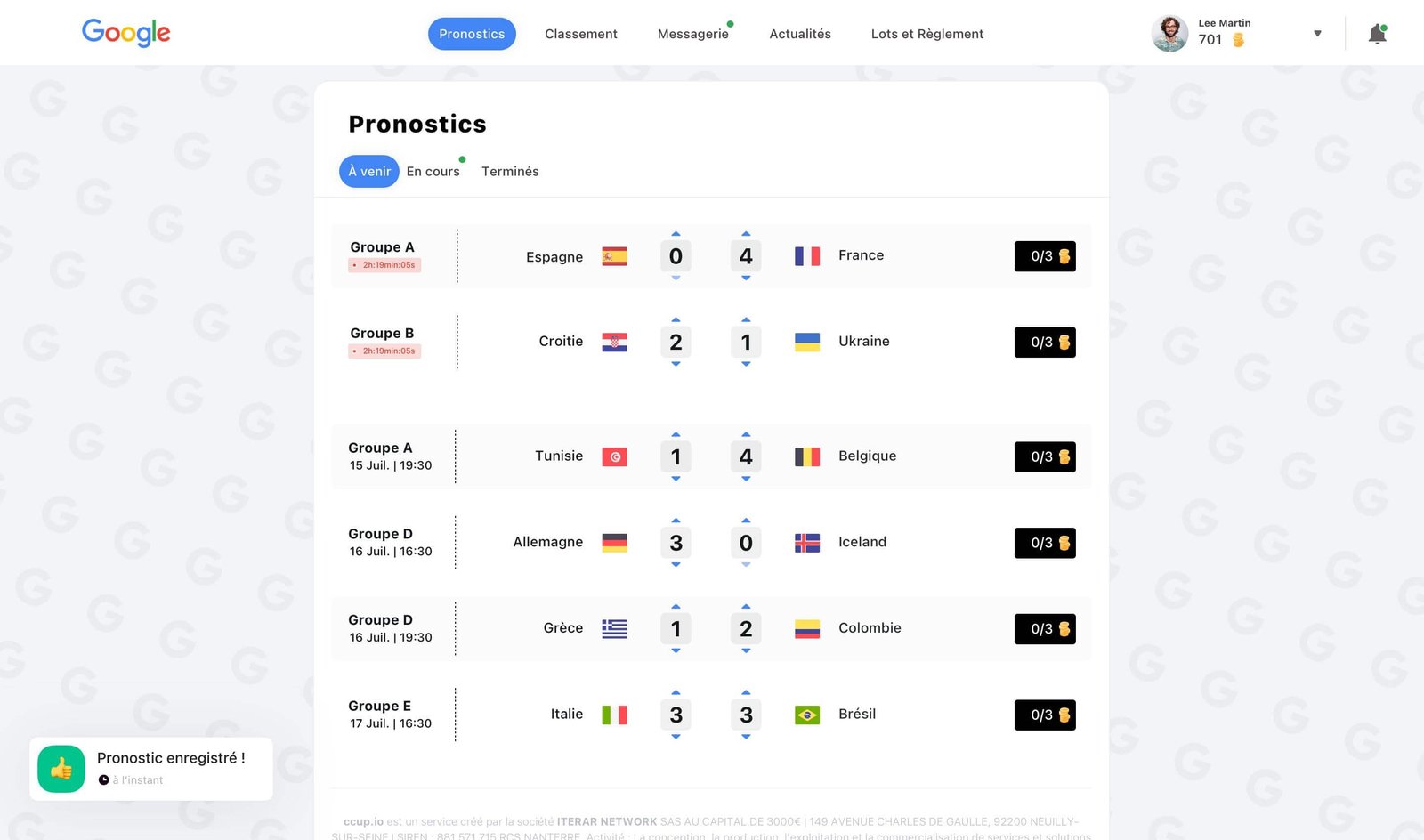 écran de la plateforme de jeu ccup.io