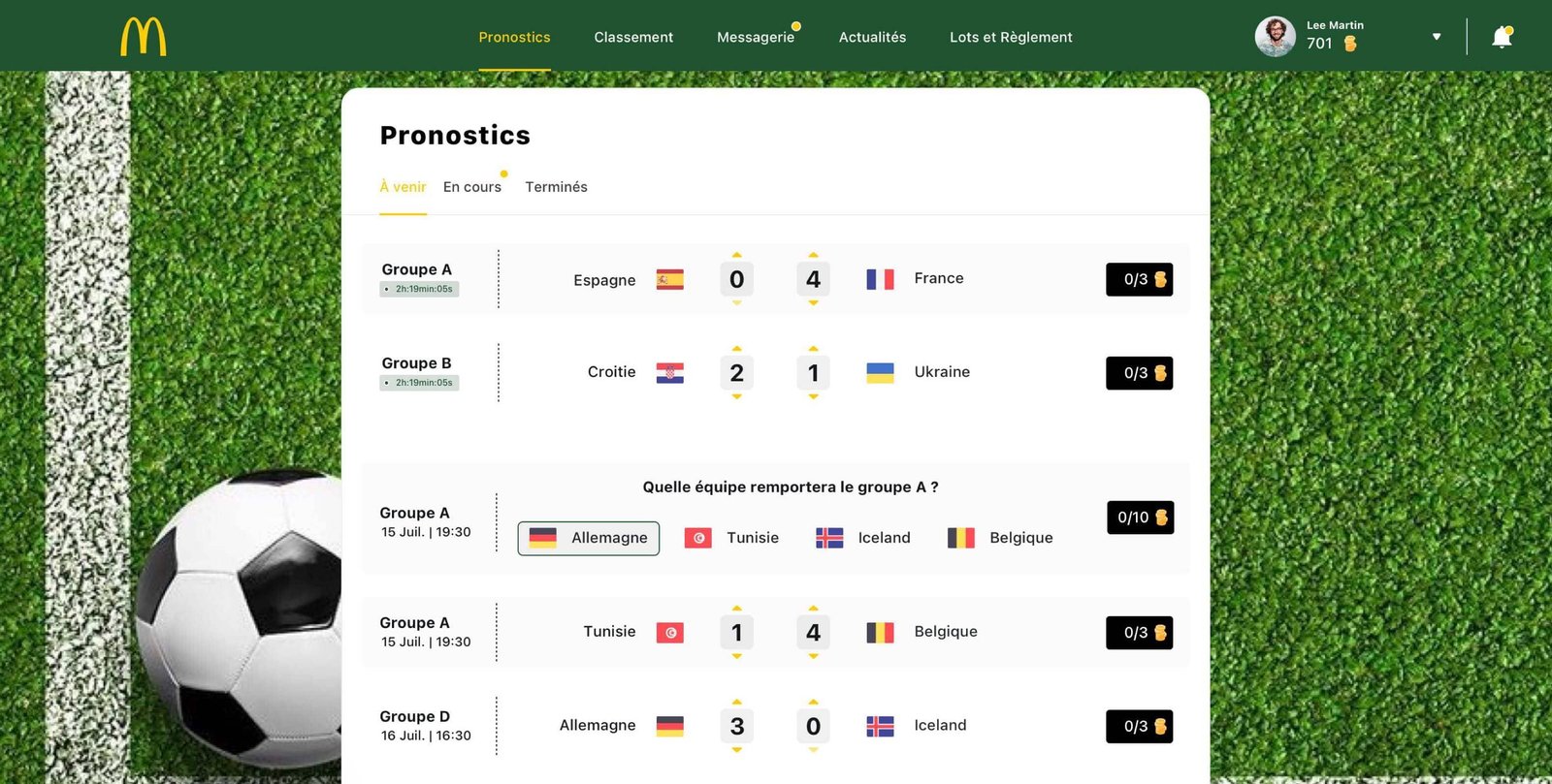 écran de la plateforme ccup.io page de pronostic