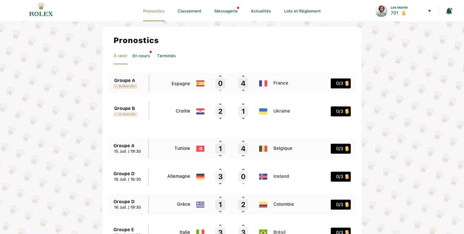 écran de la plateforme ccup.io page des pronostics